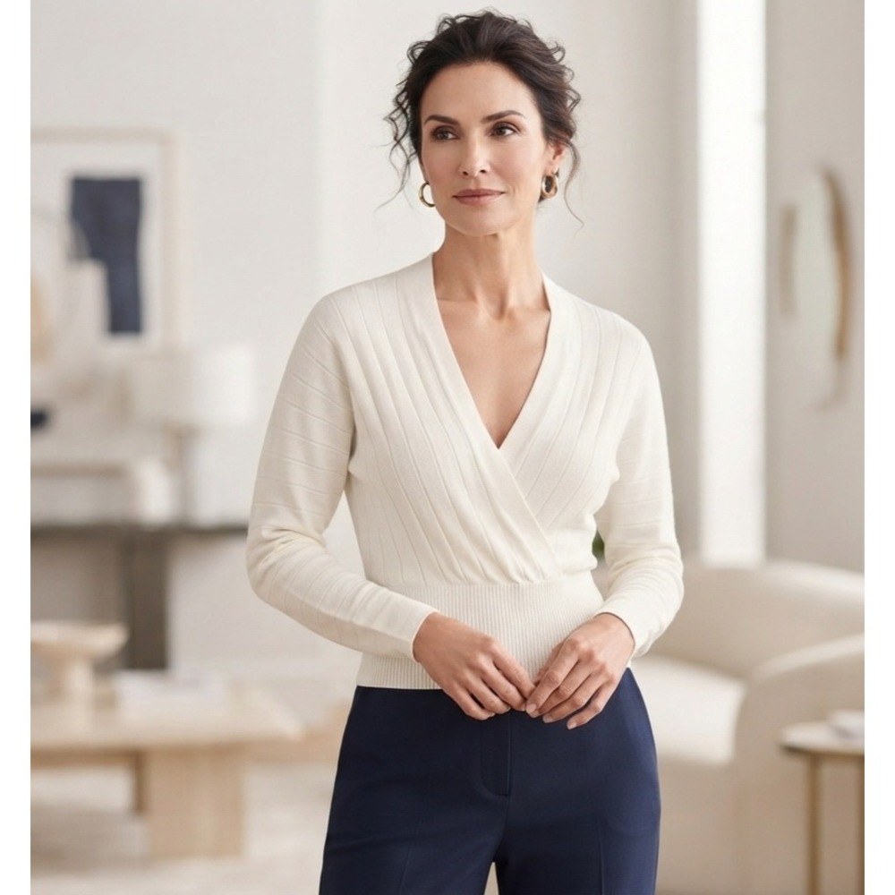 Runway 7 White Surplice Wrap Sweater V-Neck Pleated Knit Top Large NWT